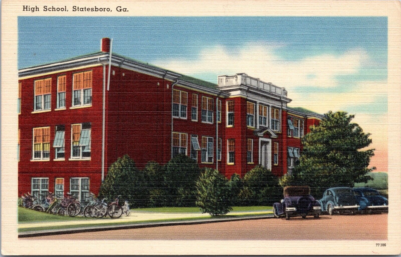 High School, Statesboro, Georgia- Vintage Linen Postcard - Old Cars, bicycles