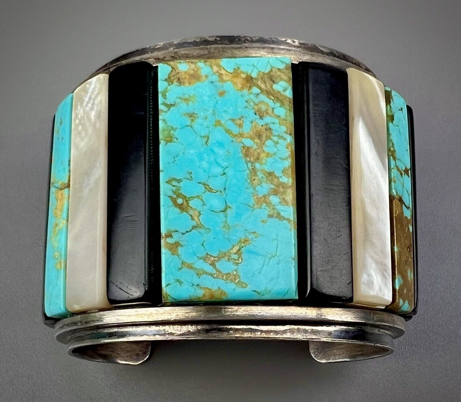 HUGE Vintage Navajo Silver Turquoise Multi Stone Cornrow Inlay Cuff Bracelet