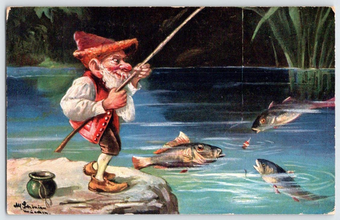 1906 ARTIST SIGNED SCHONIAN FAIRY DWARF FISHING GNOME FANTASY GERMANY POSTCARD