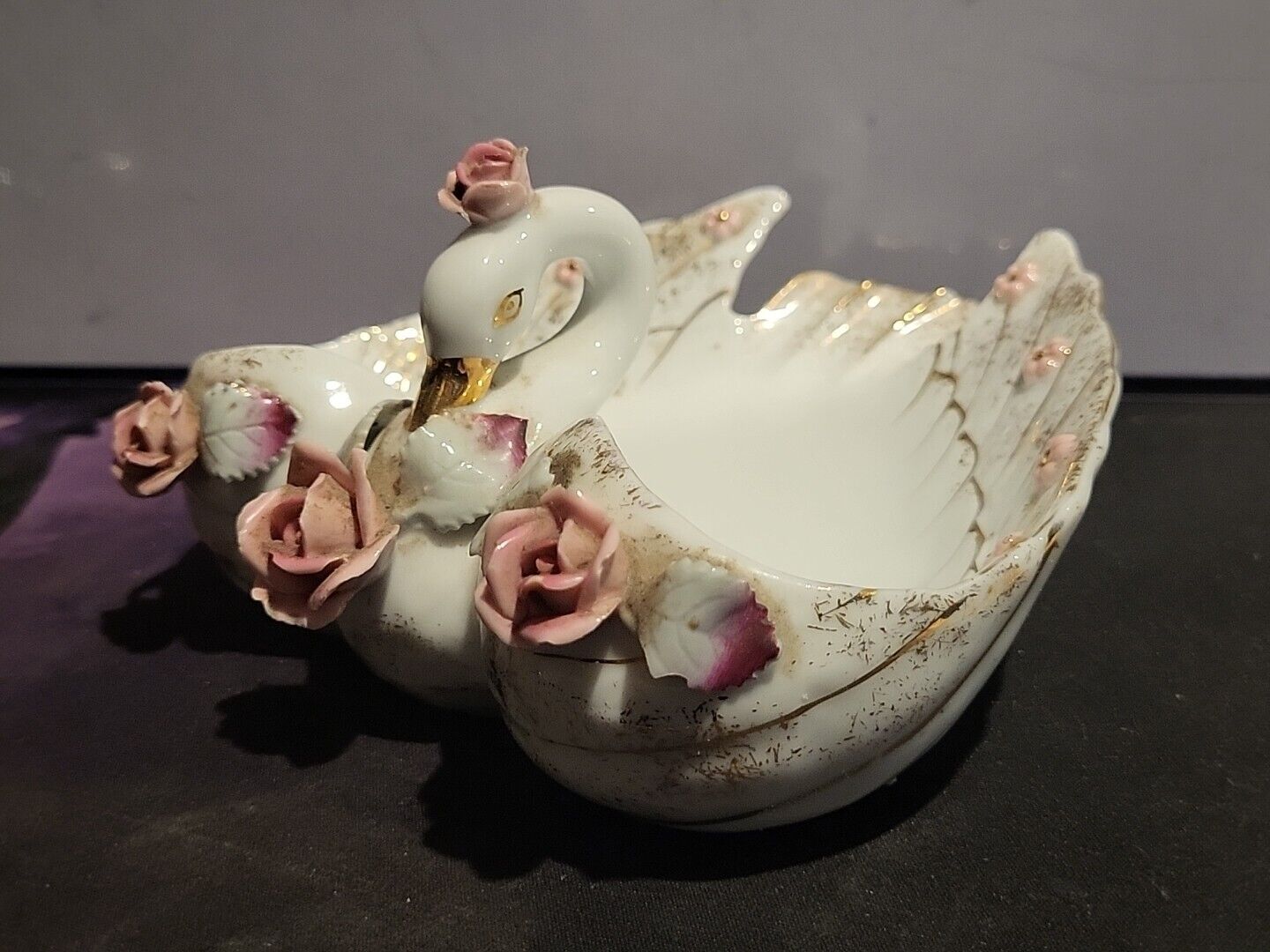 Vintage Lefton Porcelain White Gilded Gold Swan Trinket Dish Roses Great Conditi