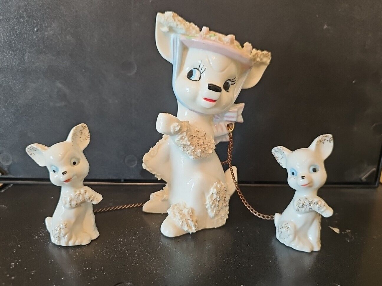 Napco Spaghetti Mouse Porcelain Figurines in Rose Hat Set Of 3 Vtg Kitsch MCM