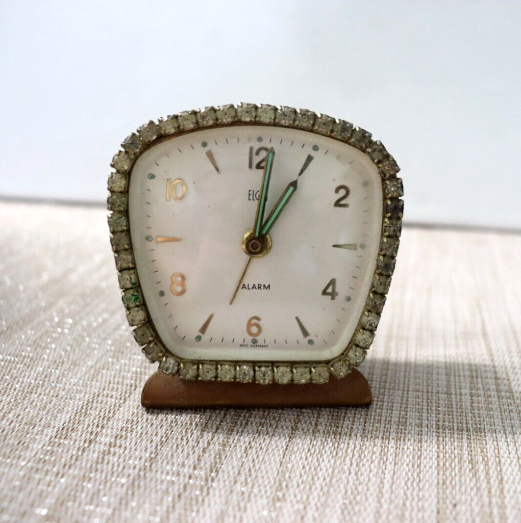 Vintage Elgin Brass Wind Up Alarm Clock with Rhinestones, West Germany ***READ