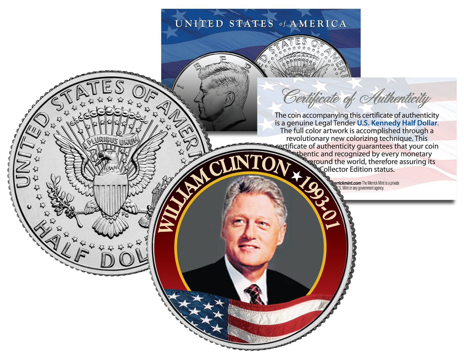 WILLIAM Bill CLINTON President * 1993-2001 * JFK Half Dollar Colorized U.S. Coin