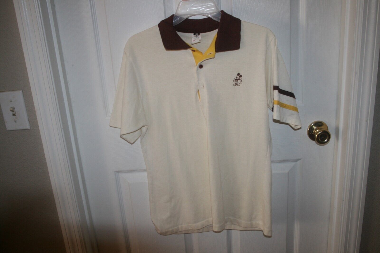 Vintage 1980's Disney Tan, Brown, Yellow Golf Shirt w/Mickey Mouse Logo