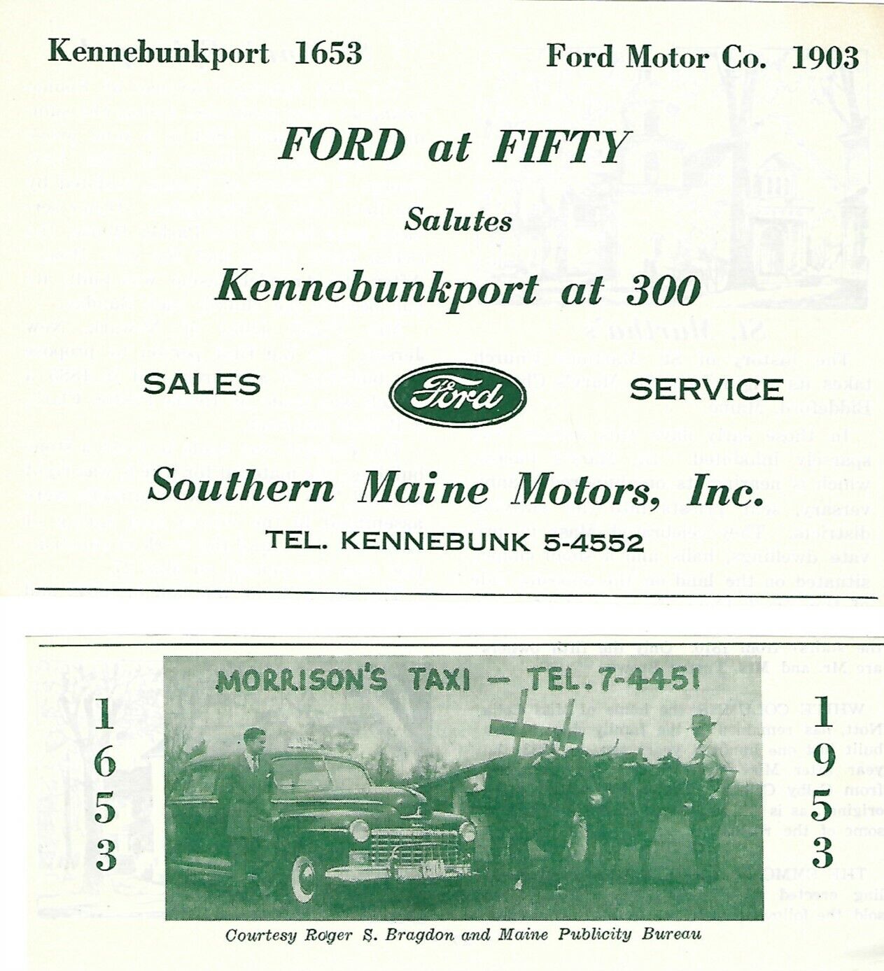 1953 Kennebunkport Maine Advertisements Ford at Fifty Morrison's Taxi