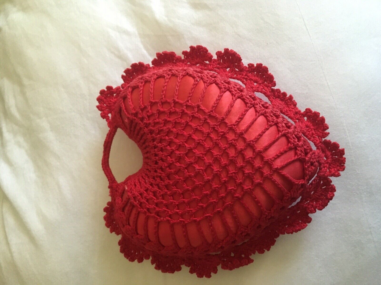 Antique Vintage Hand Crocheted Heart Shaped Pin Cushion Pillow red