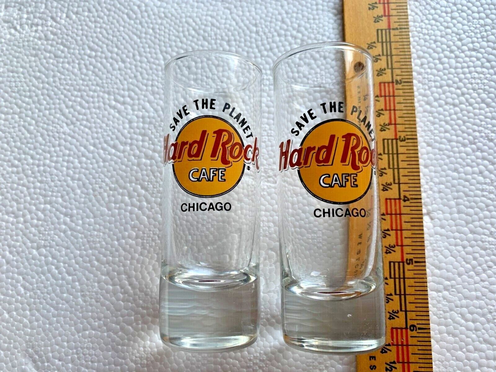 HARD ROCK CAFE save the planet CHICAGO tall SHOT GLASSES 2 in box