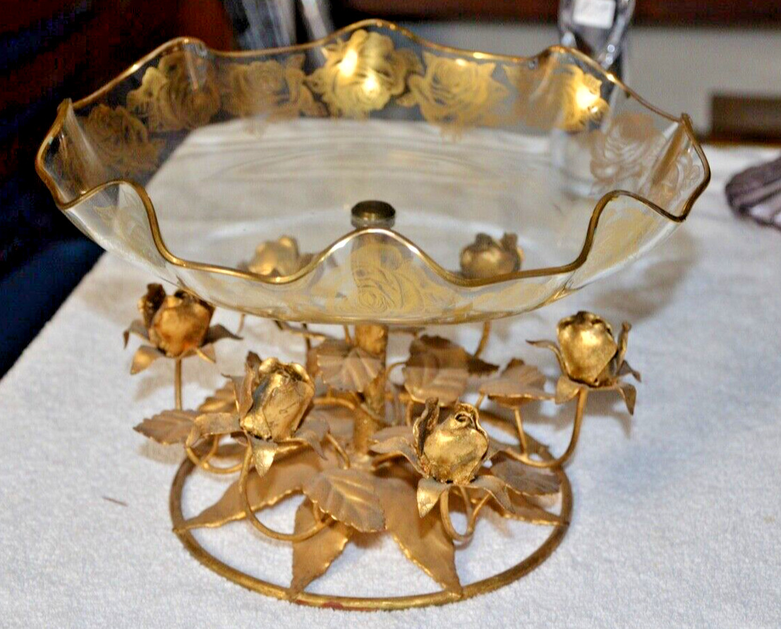 LARGE Vintage ROSES Gold Gilt BOWL Glass Hollywood Regency  10.5\