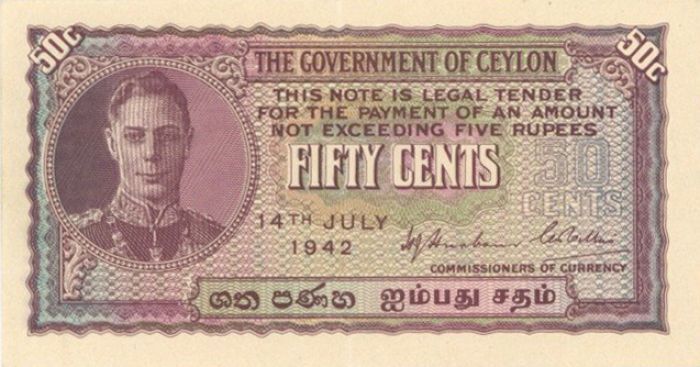 Ceylon - 50 Cents - P-45a - 14.7.1942 Dated Foreign Paper Money - Paper Money - 