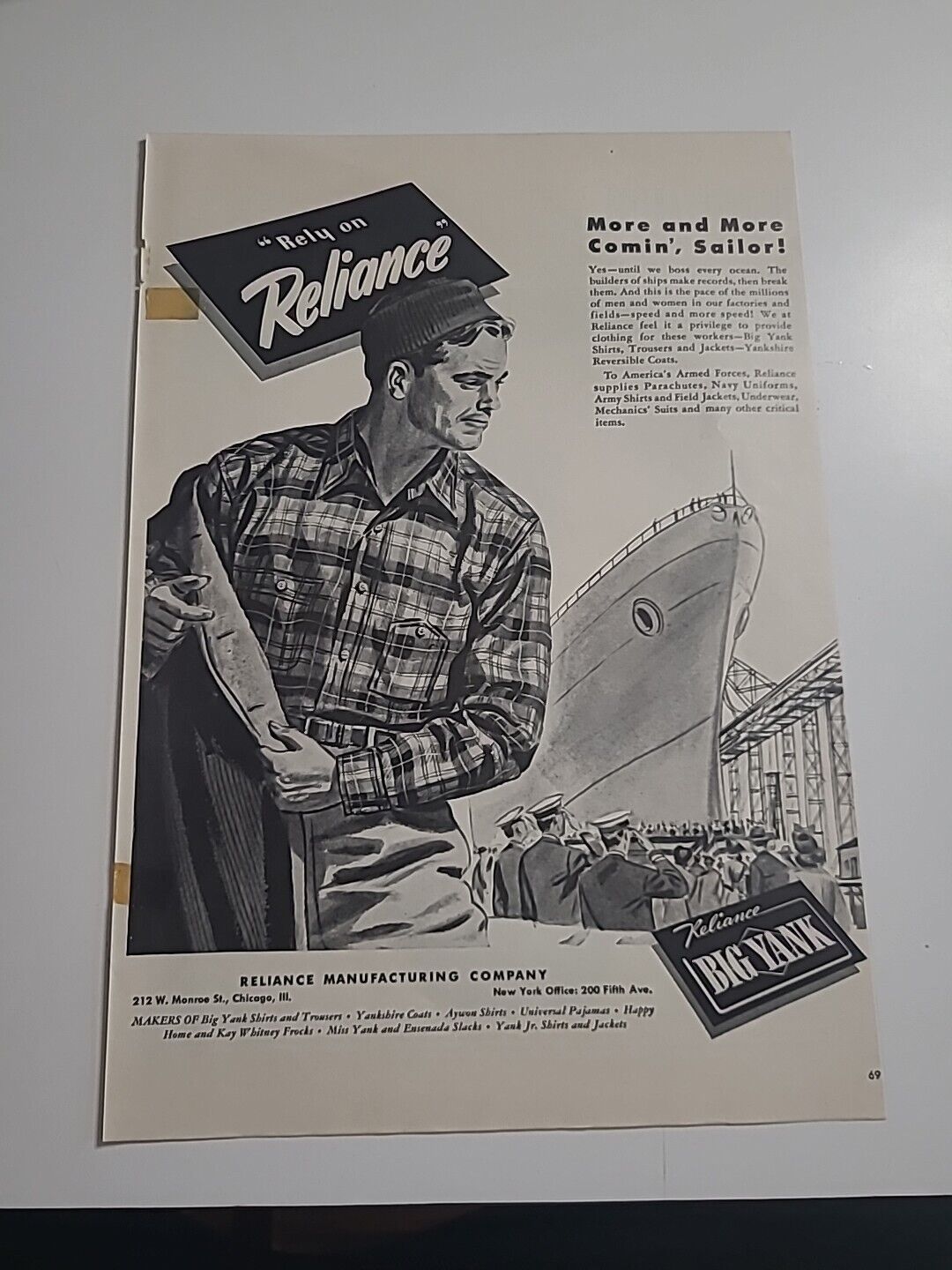 Reliance Manufacturing Company Big Yank 1942 Vintage Print Ad 10x13  WW2