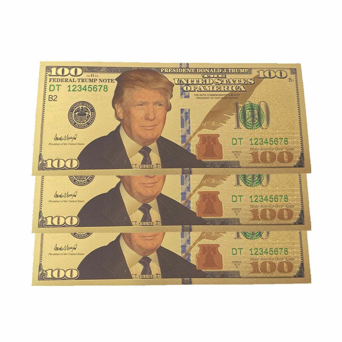 DONALD TRUMP AUTHENTIC 24KT GOLD PLATED COMMEMORATIVE $100 BANK NOTE (3PK)