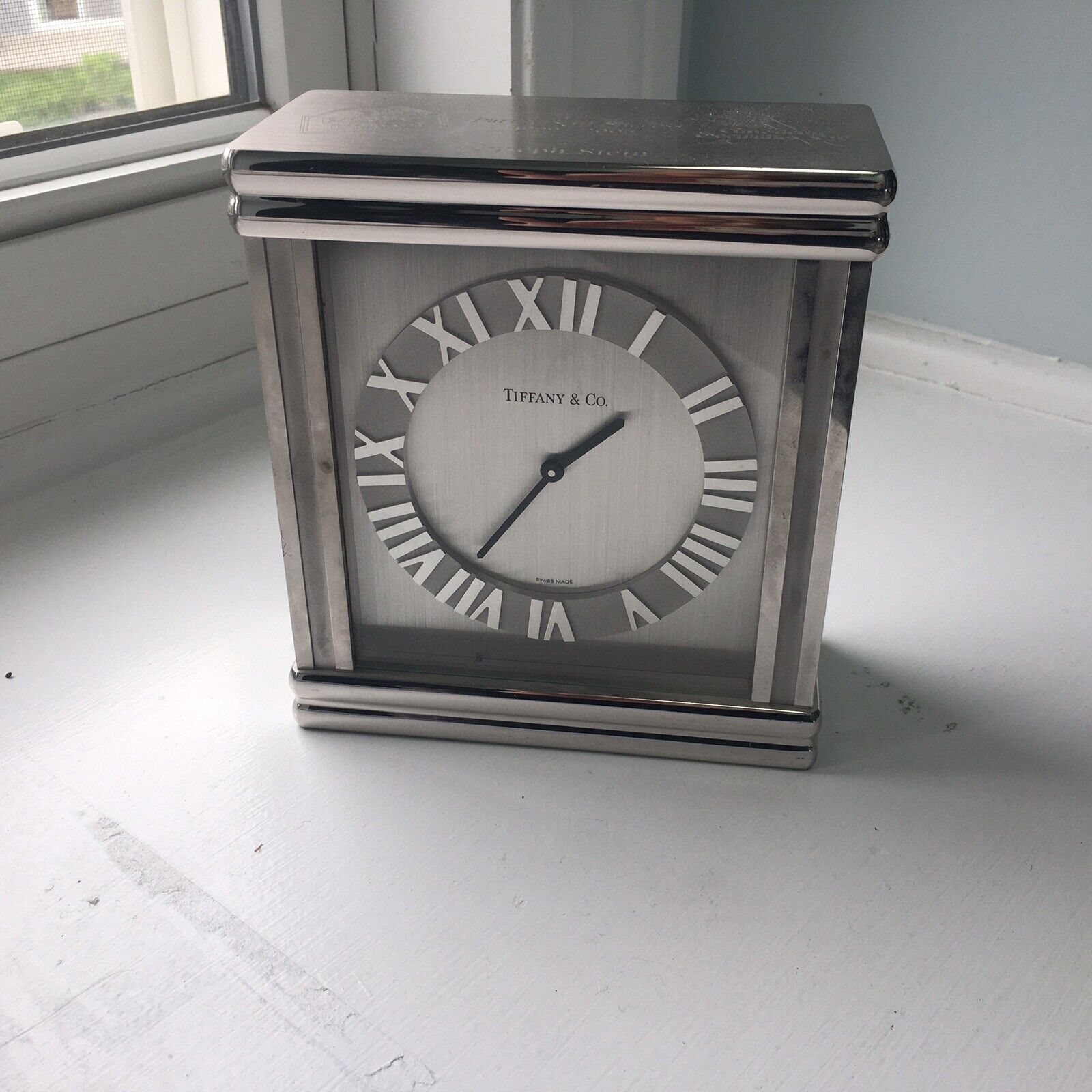 TIFFANY ATLAS RHODIUM Mantel, Shelf, Desk Clock- Beautiful, Quartz / Engraved