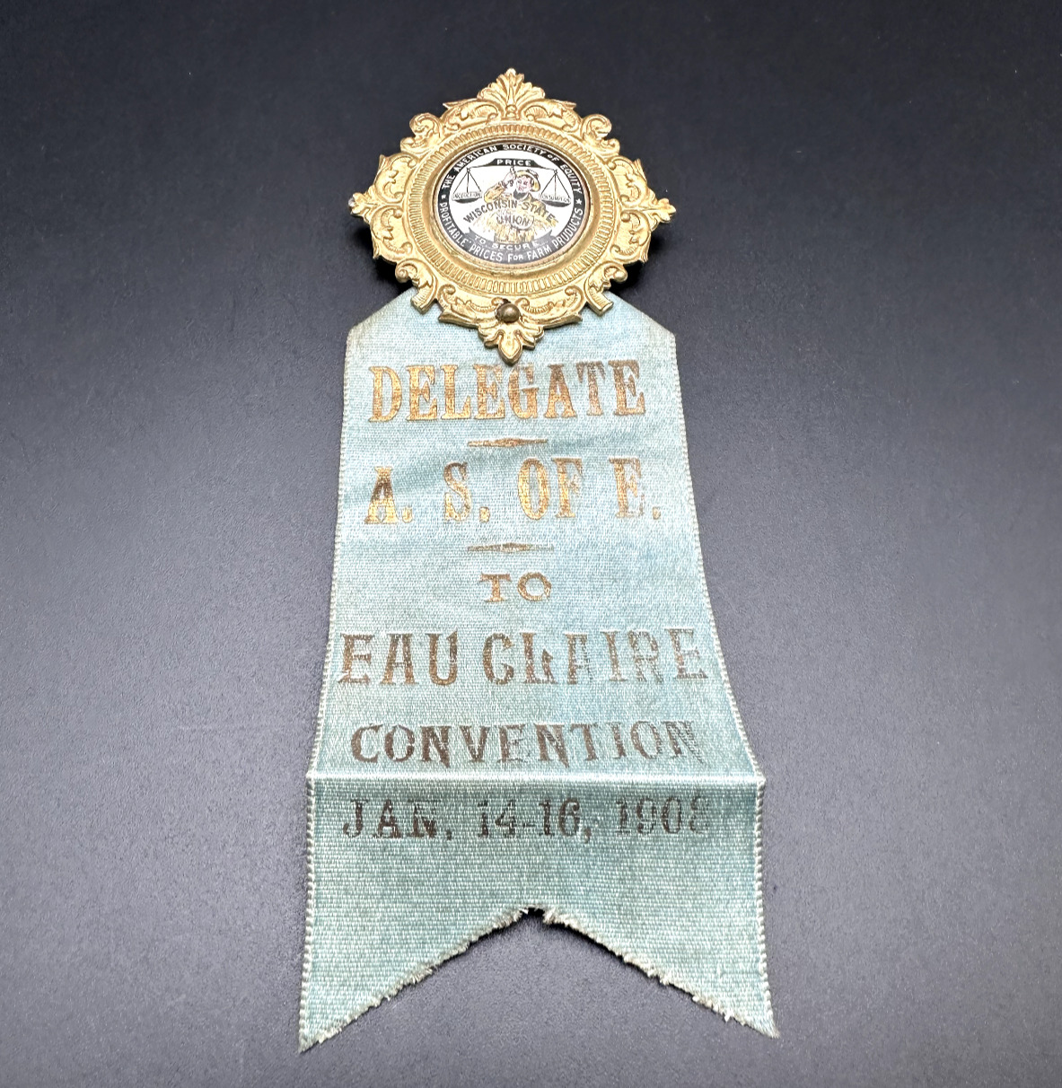 RARE 1908 AMERICAN SOCIETY OF EQUITY WISCONSIN FARM UNION CONVENTION BADGE L48