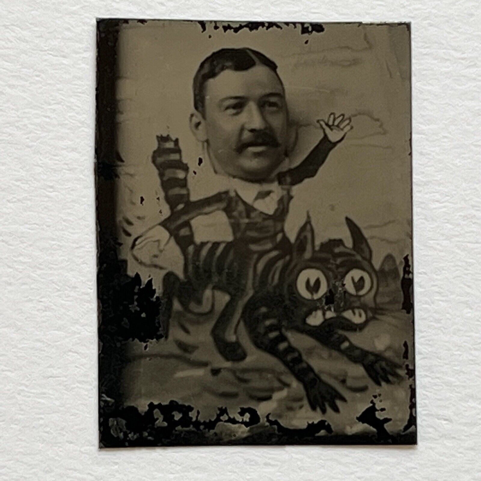 Antique Miniature Tintype Arcade Photograph Man Riding Tabby Cat Tiger Fun Odd