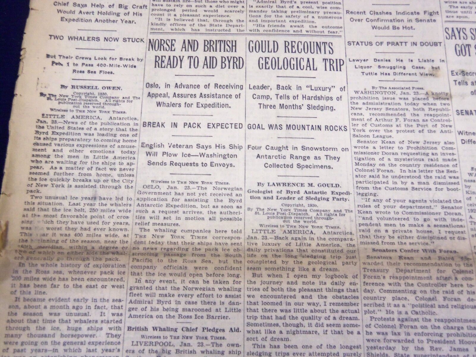 1930 JAN 24 NEW YORK TIMES - NORSE & BRITISH AID BYRD ICE PACK HOLDS - NT 1670