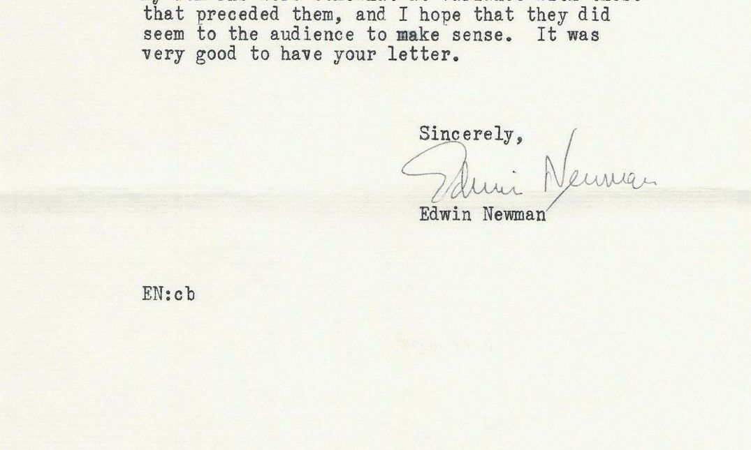 Edwin Newman Autograph on NBC Letterhead 1971 Personal Letter of Thanks