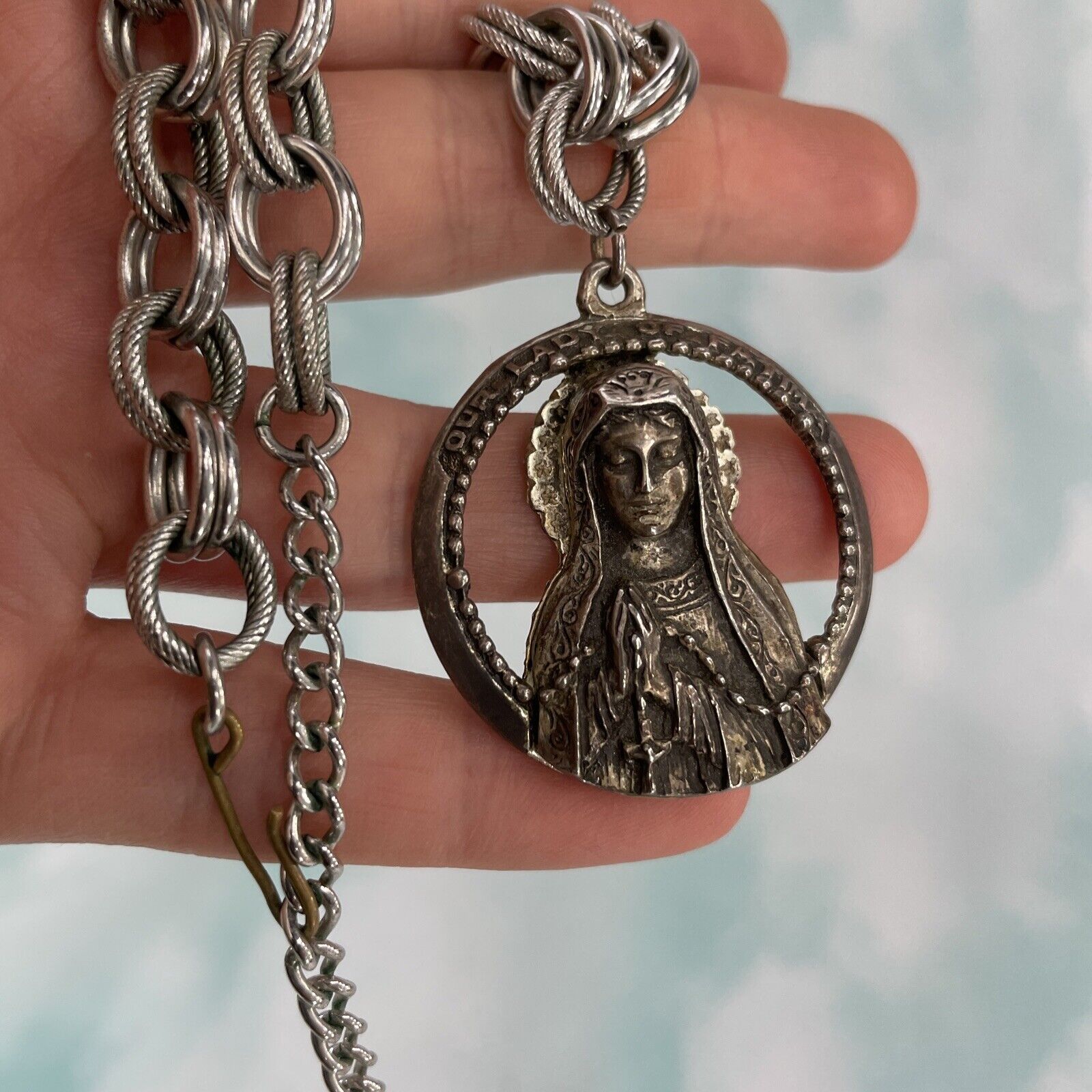 Vtg. Western Sterling “Our Lady of Faith” Madonna Pendant 