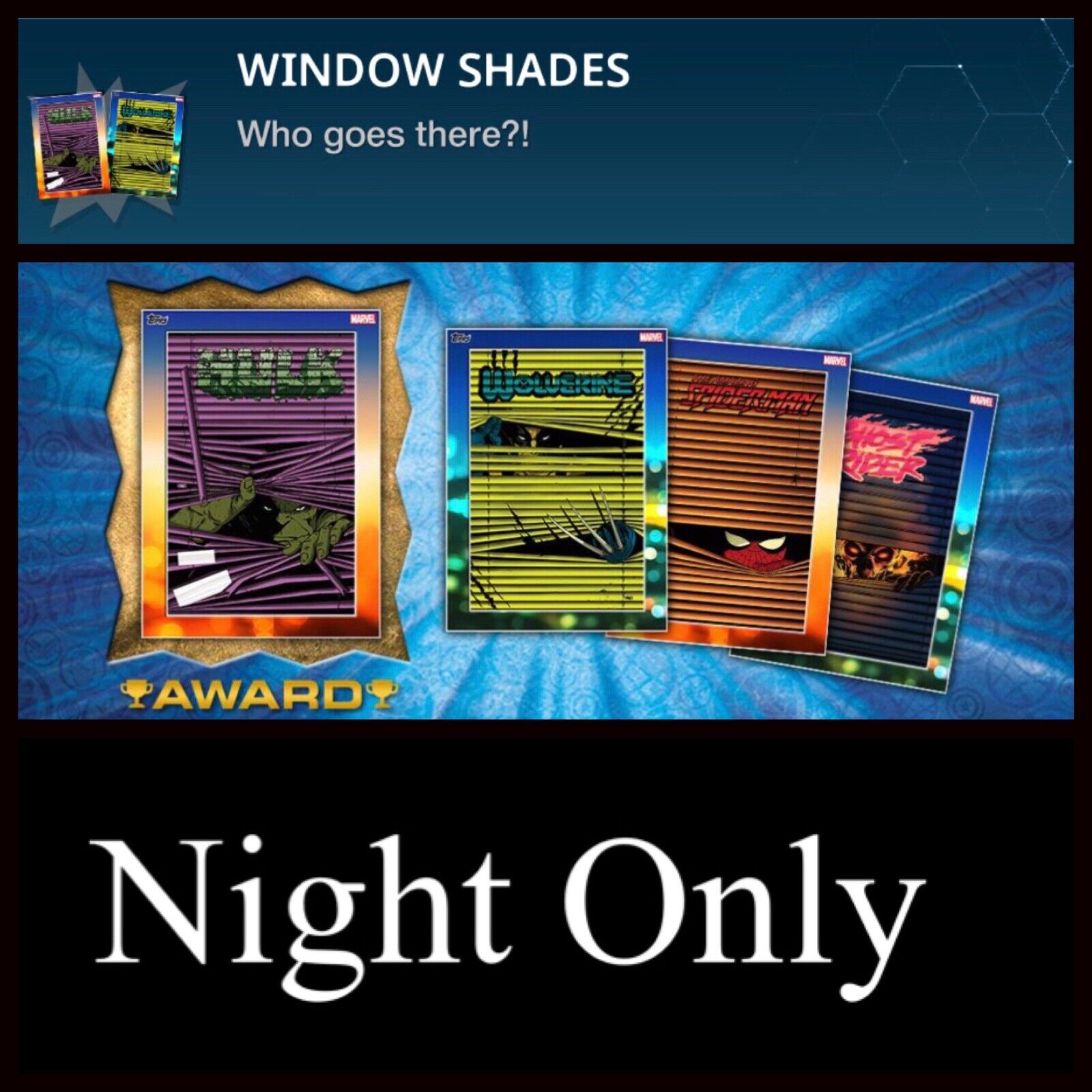 WINDOW SHADES-5 CARD SET-NIGHT RARE ONLY-TOPPS MARVEL COLLECT