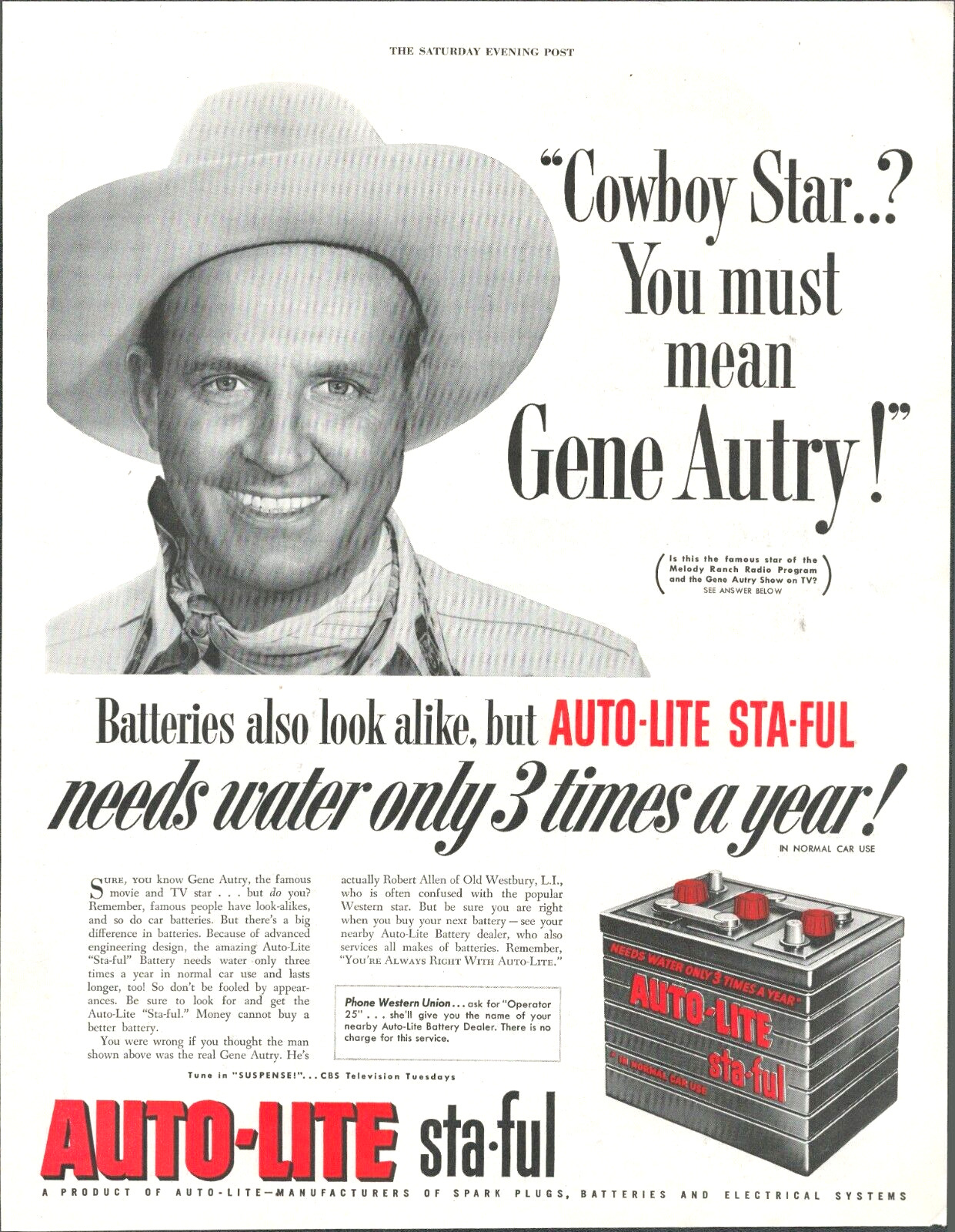 1953 Car Battery vintage Print Ad Gene Autry singing cowboy auto repair