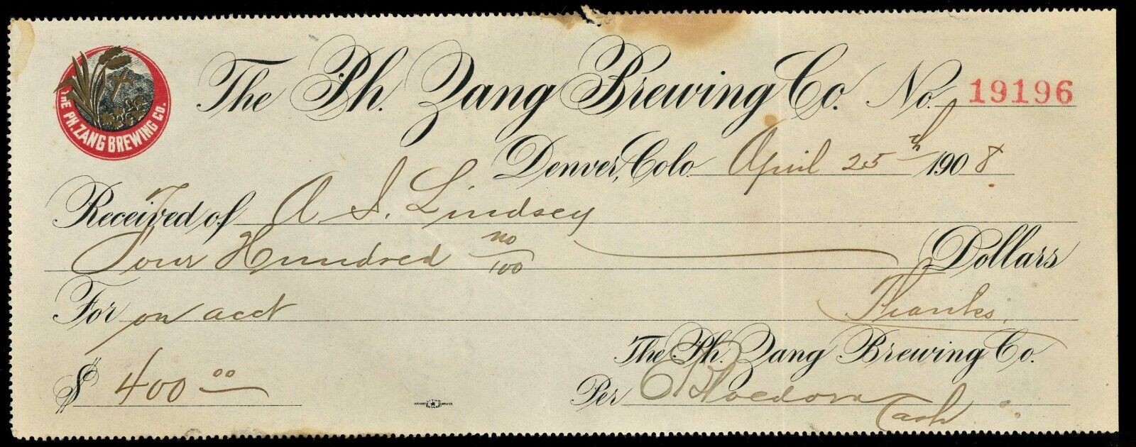 1908 ZANG BREWING BANK CHECK Pre Prohibition Denver Colorado