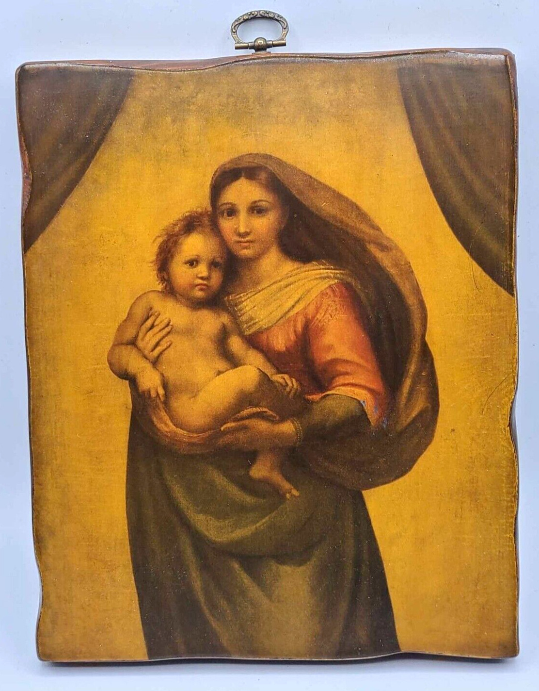 Vintage Sistine Madonna Mother Child Picture on Wood. Varnished. Hanging.