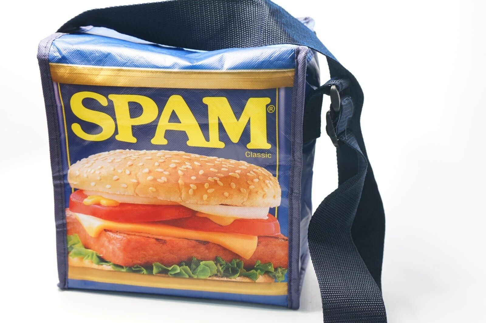 COLLECTABLE SPAM CAN COOLER FOIL LINED LUNCH BAG BOX WITH ADJUSTABLE STRAP