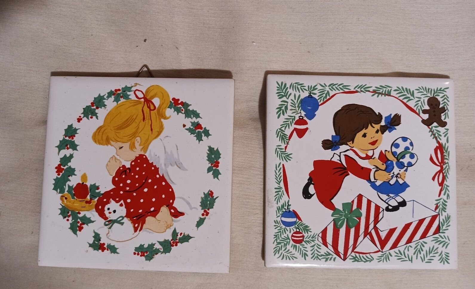 Vtg 1981 Jasco Ceramic 4.25” Tile Trivets Girl Praying Christmas Box Set of 2