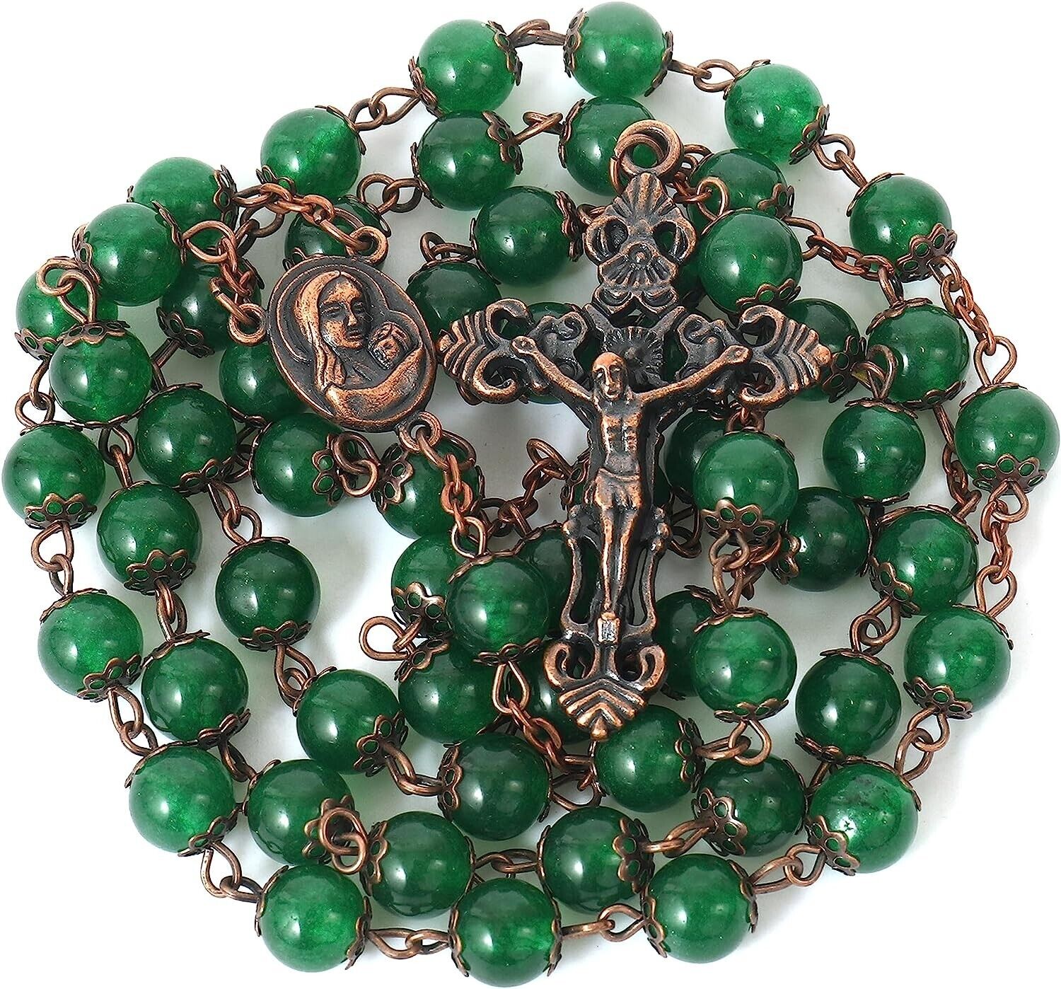 Green Jade Natural Stone Rosary Beads Necklace Holy Soil & Cross Crucifix