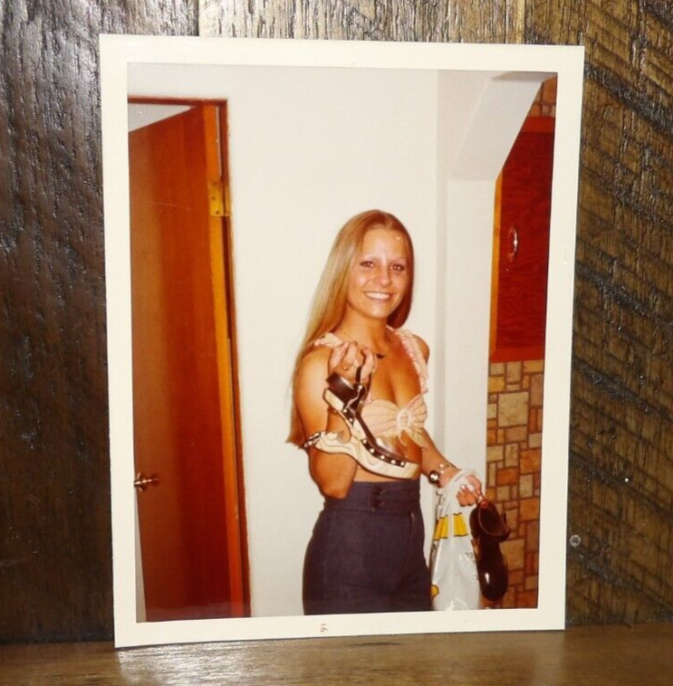 FOUND COLOR PHOTO-1970's era-Very Pretty Blonde Girl Holding New Shoes