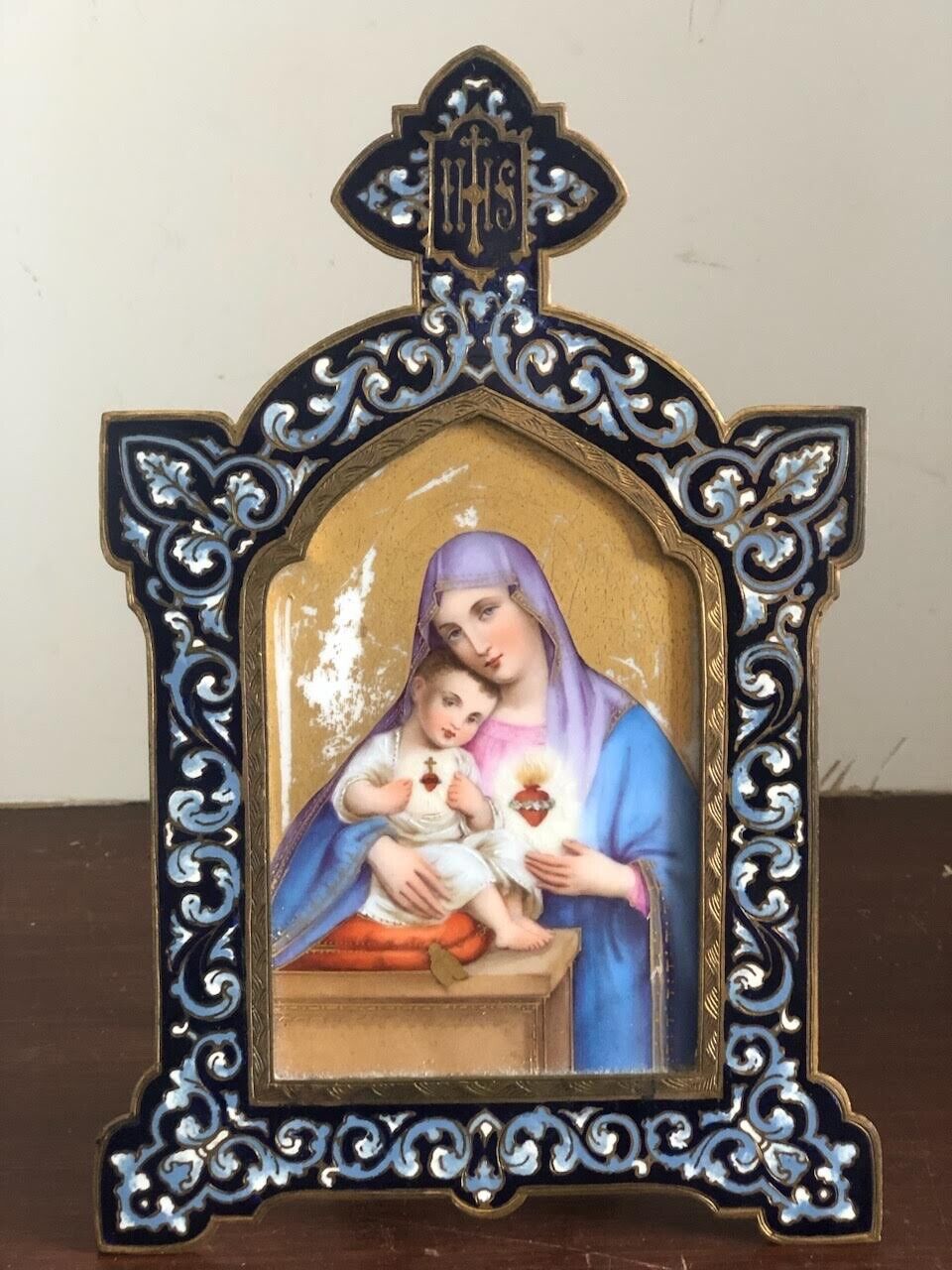 Vintage Mother Cloisonné Enamel 22k Gold Overlay Porcelain Mother Mary Bronze
