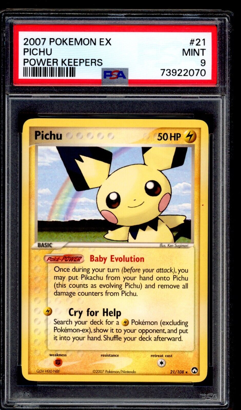 PSA 9 Pichu 2007 Pokemon Card 21/108 EX Power Keepers