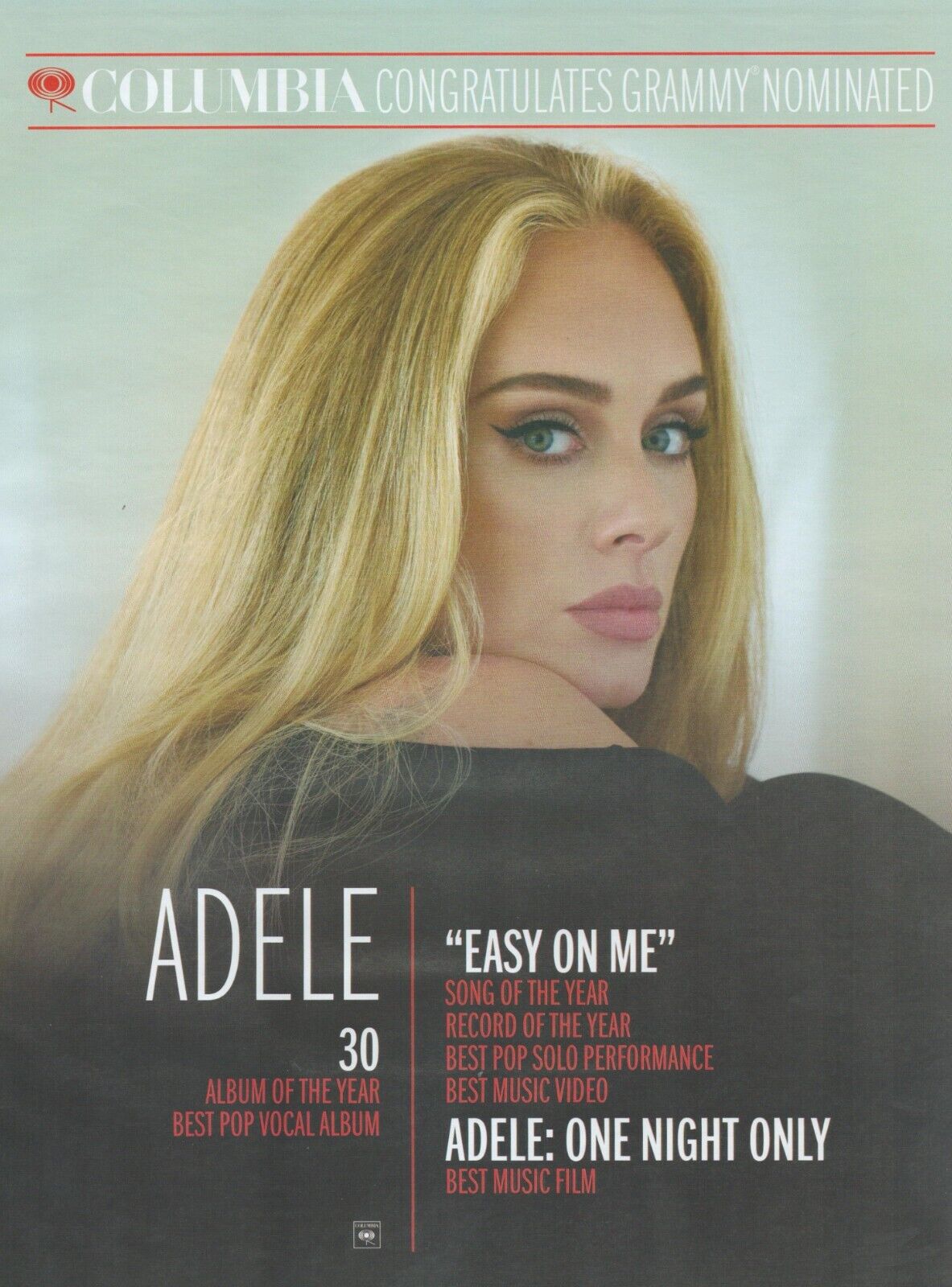 2022 ADELE Grammy Nomination PRINT AD Columbia Easy on ME song of the year music