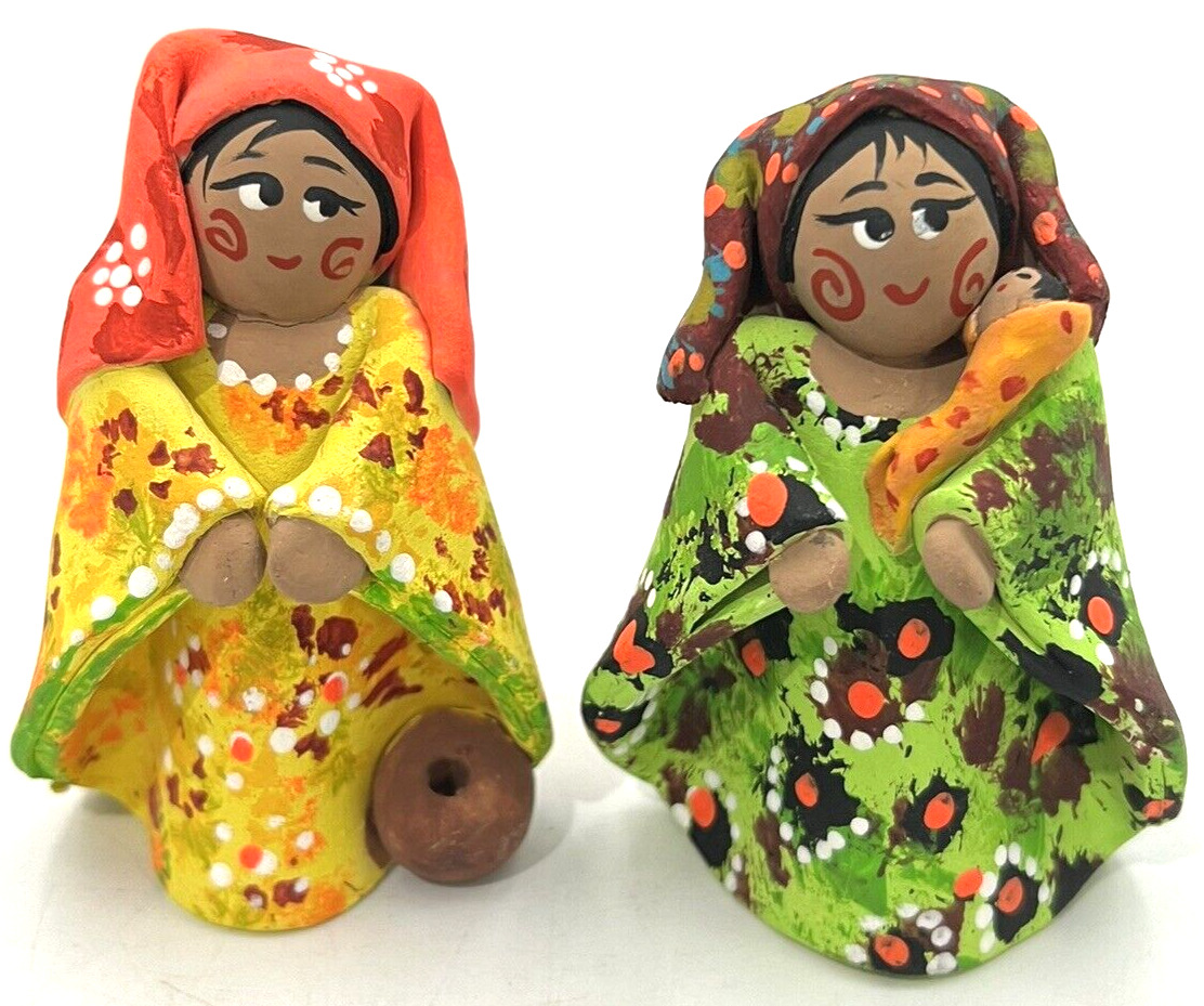 2 Handmade Mexican Clay Terracotta Woman Figurine Folk Art Painted Pottery Doll