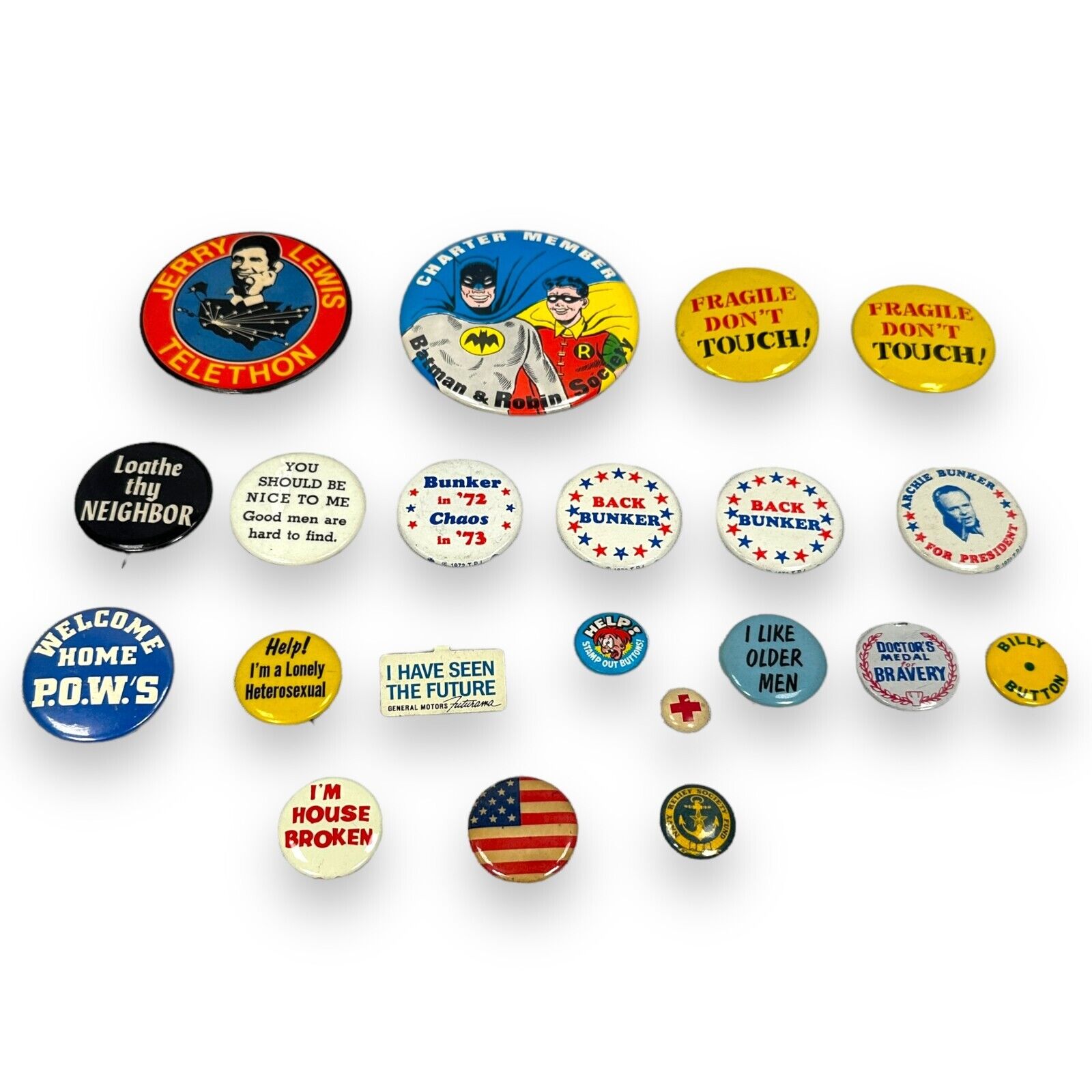 Vintage Novelty Joke Pop Culture Pin Button Lot 21 Jerry Lewis Batman 60s 70s