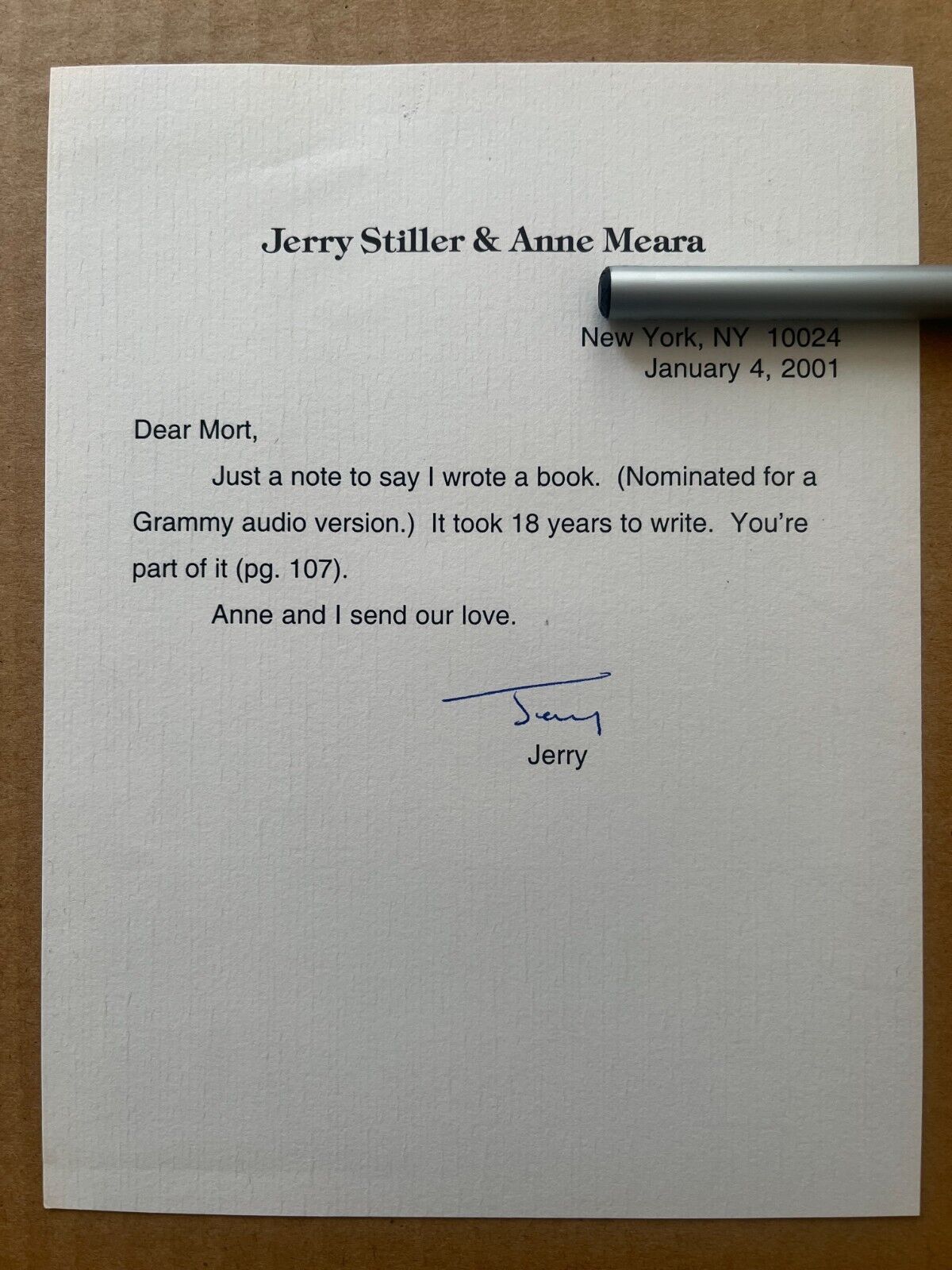 JERRY STILLER SIGNED note on his personal stationary SIGNED 2001 ANNE MEARA 