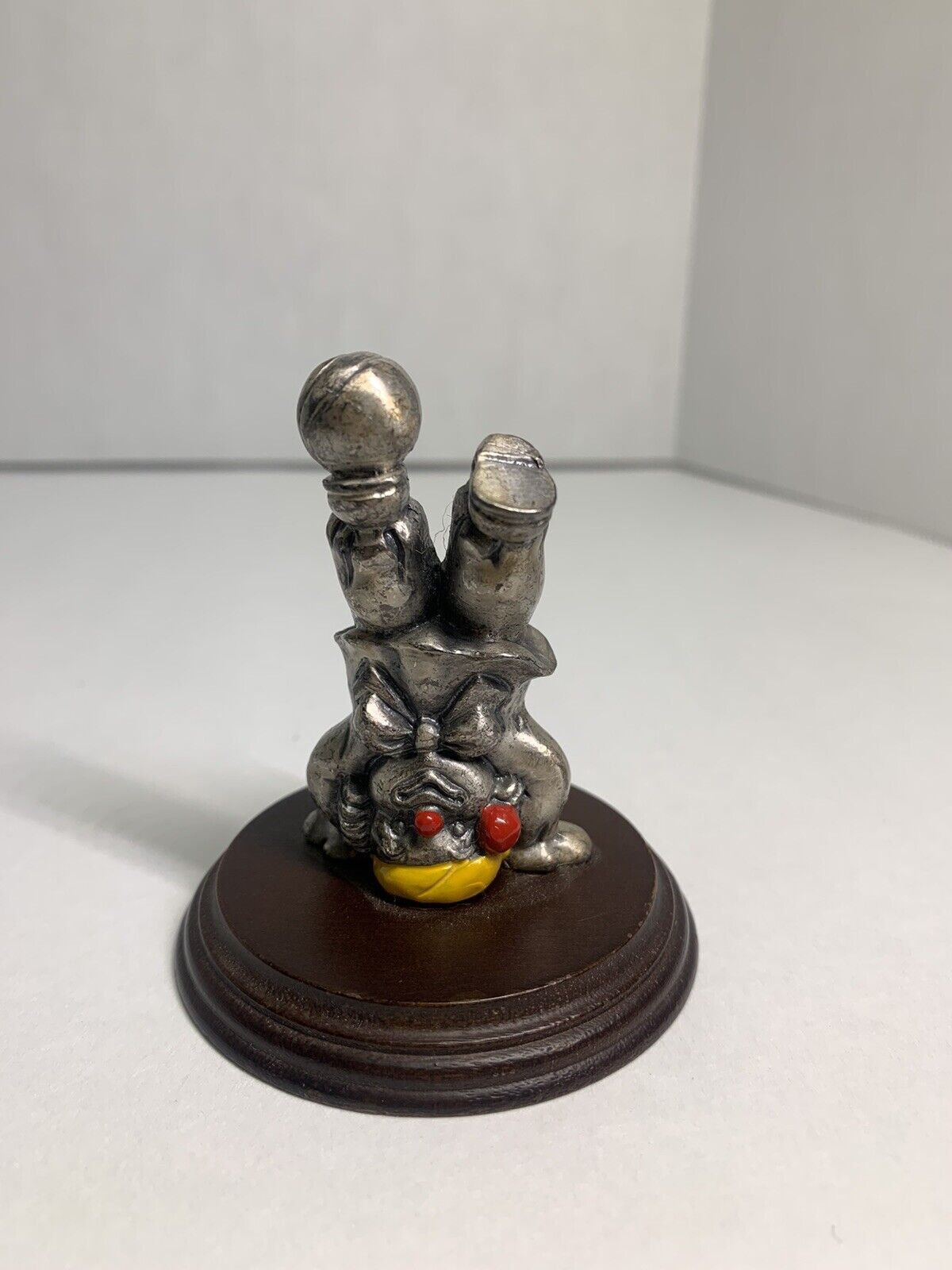 Vtg George Good Pewter Clown Figurines 3 Inch on Wood Base Yellow Hat With Ball