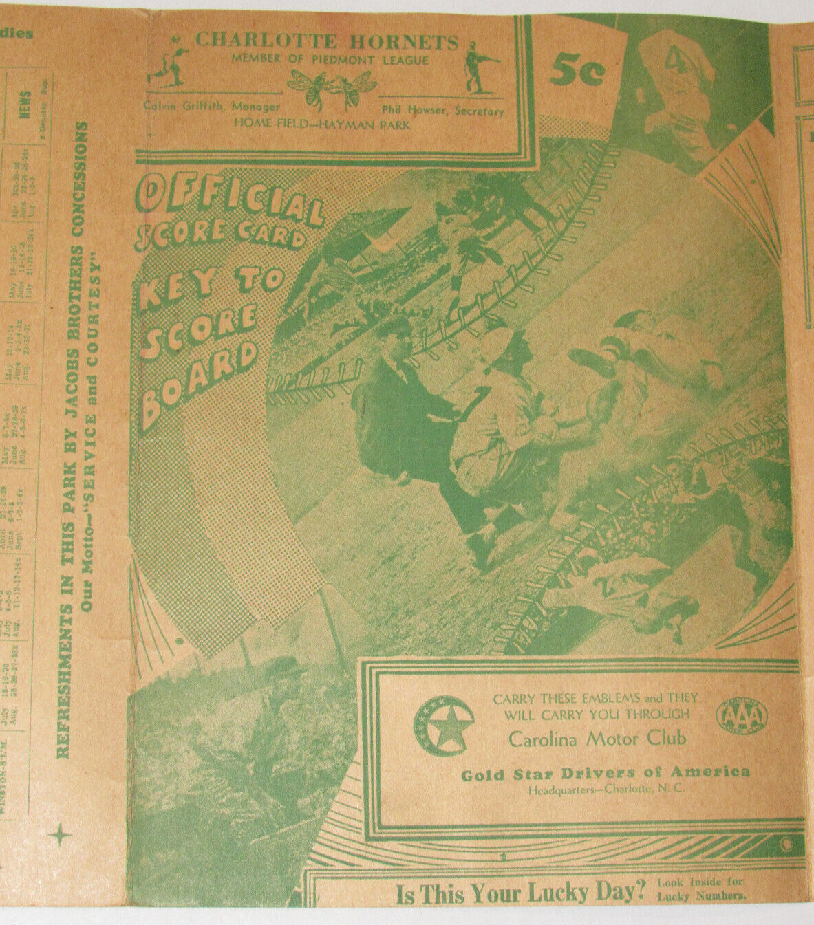 VINTAGE 1938 CHARLOTTE HORNETS PIEDMONT LEAGUE BASEBALL SCORE CARD W/ADVERTISING
