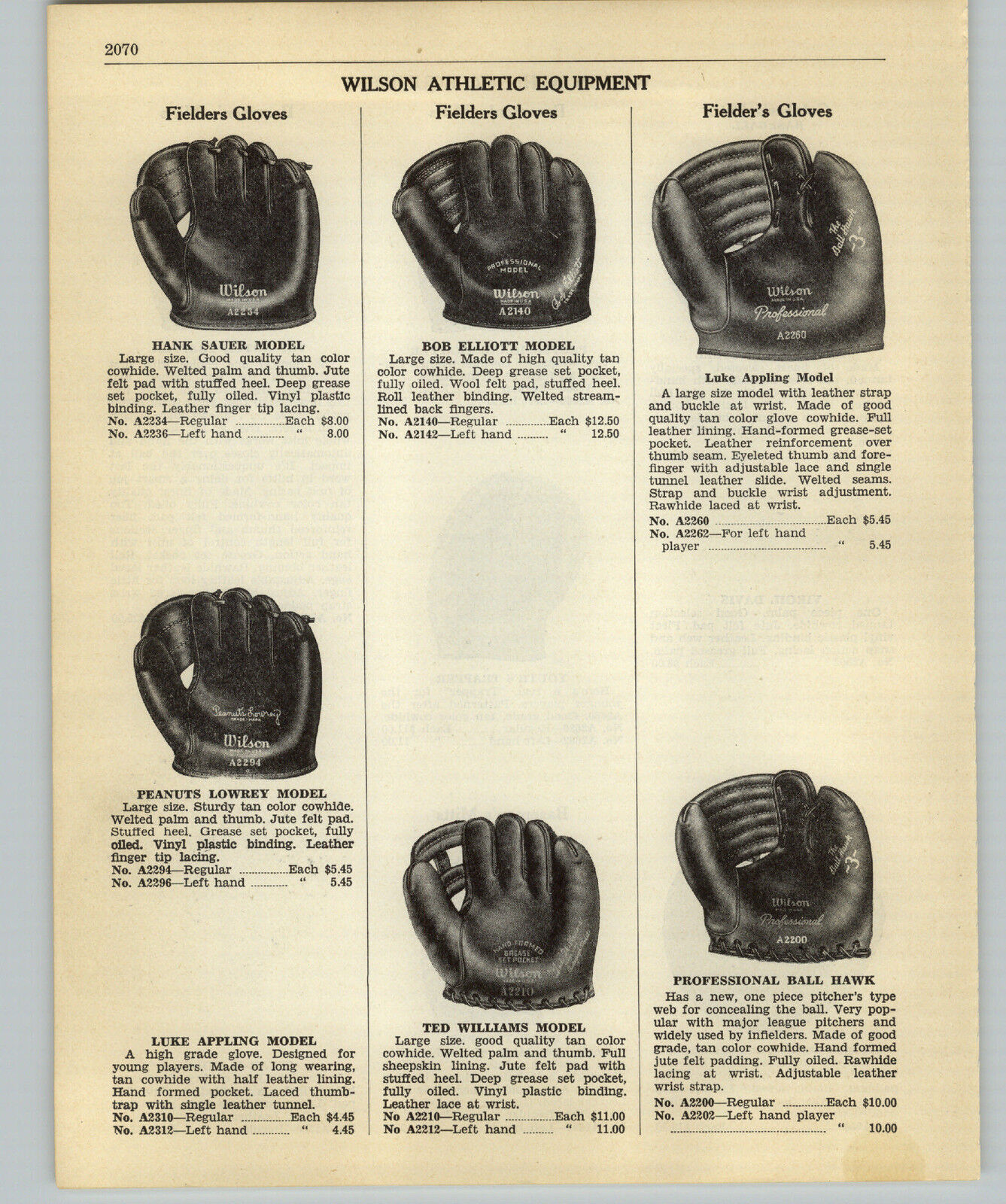 1952 PAPER AD Wilson 2 Finger Luke Appling Baseball Glove Peanuts Lowrey H Sauer