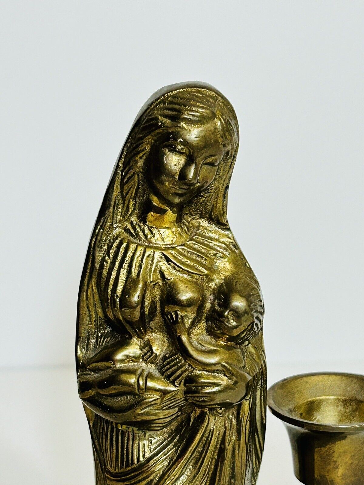 Brass Madonna And Child Figurine/ Taper Candle Holder 7” Tall Solid Heavy