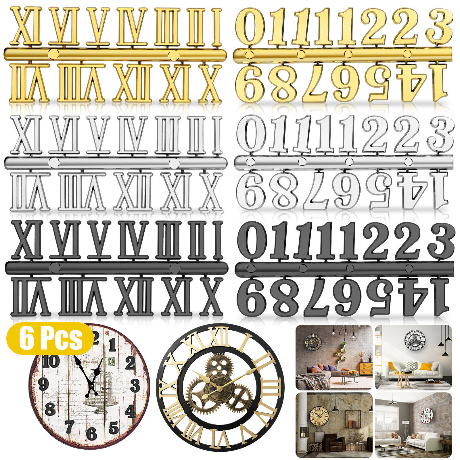 6Pcs Clock Numerals Kit DIY 3D Digital Arabic Roman Number Art Decor Repair Tool