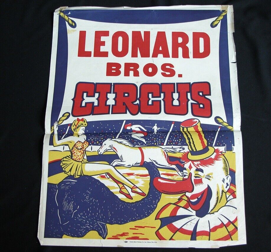 Vtg 1950s LEONARD BROS. CIRCUS Poster Elephant Clown Horse Acts Silkscreen 