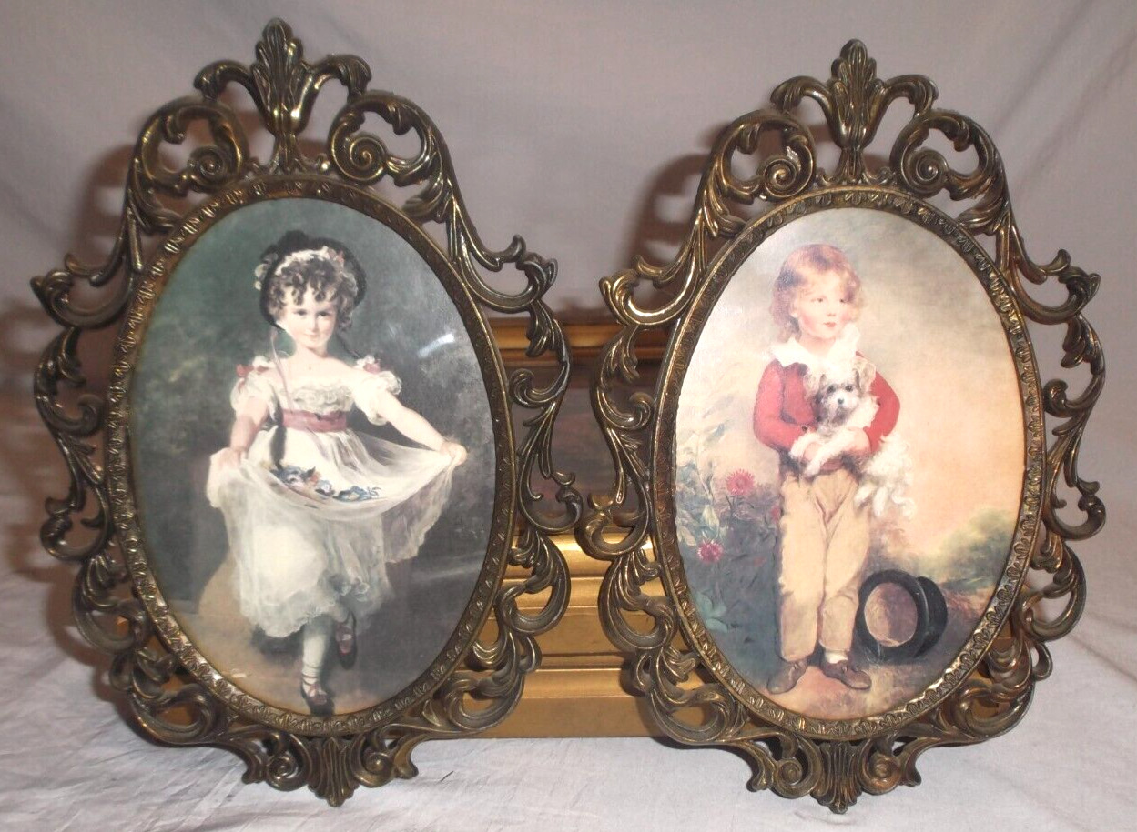 Pair Vintage Italy Print Brass Hanging Wall Frames With Floral Oval Glass 10\