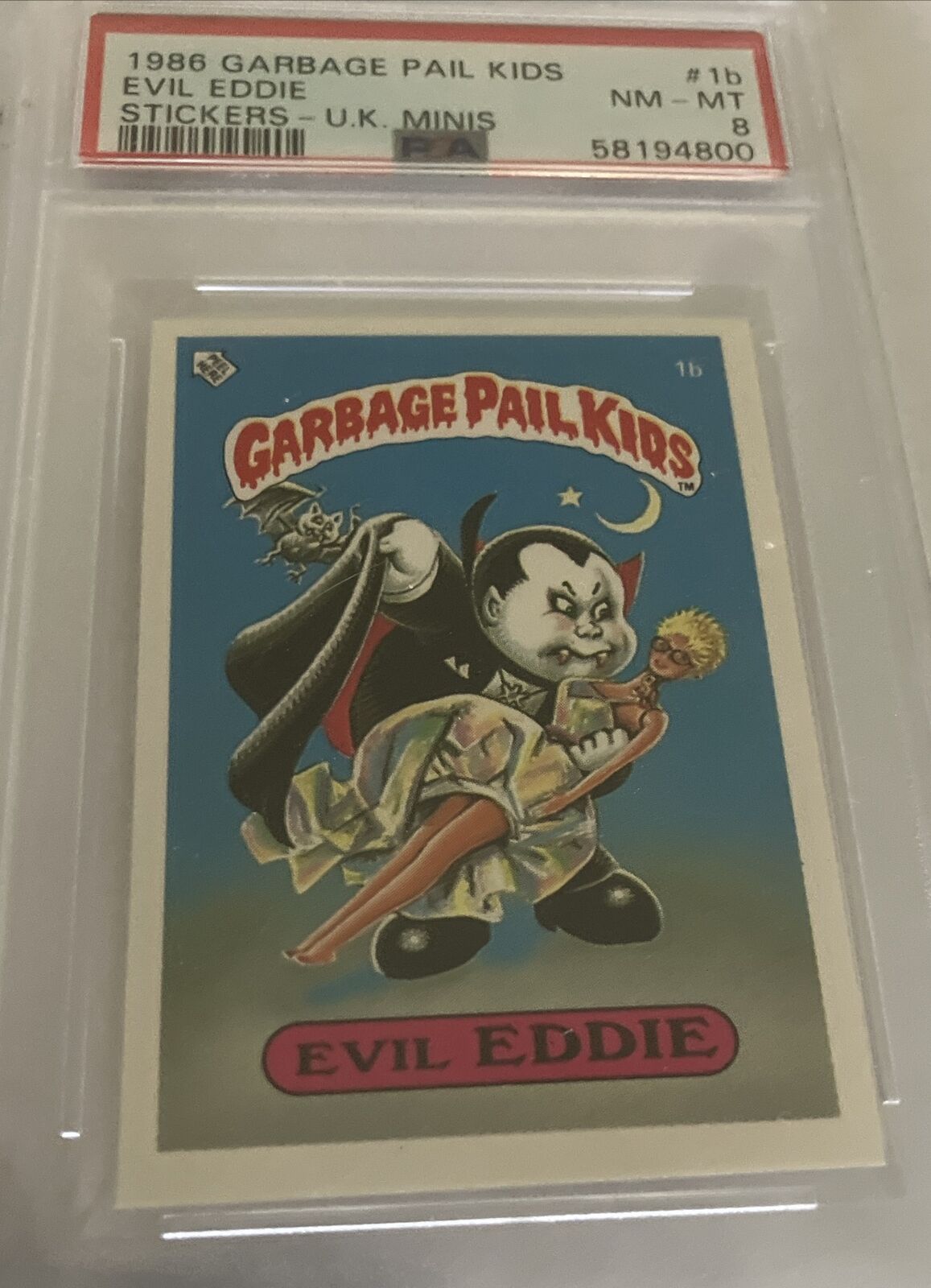 1986 Topps U.K. Garbage Pail Kids #1a Evil Eddie UK gpk minis PSA 8 Graded Card