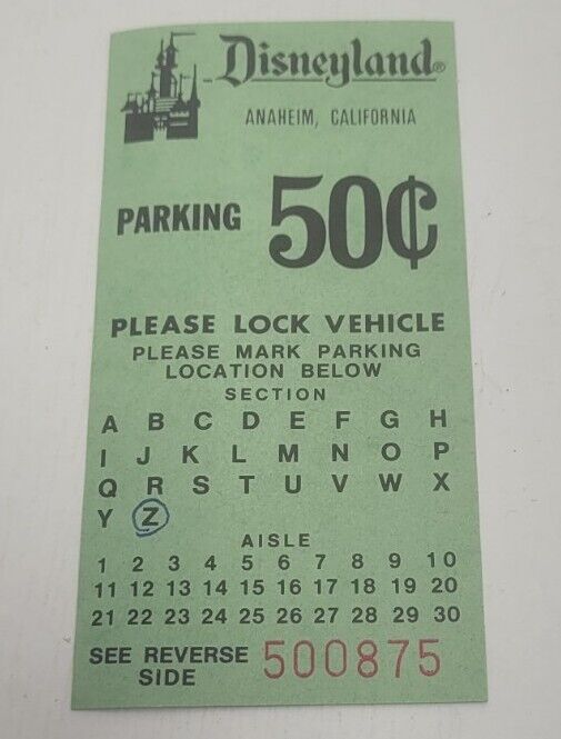 Disneyland 1965 Vintage Parking Ticket 50 Cent Anaheim California Retro Tickets