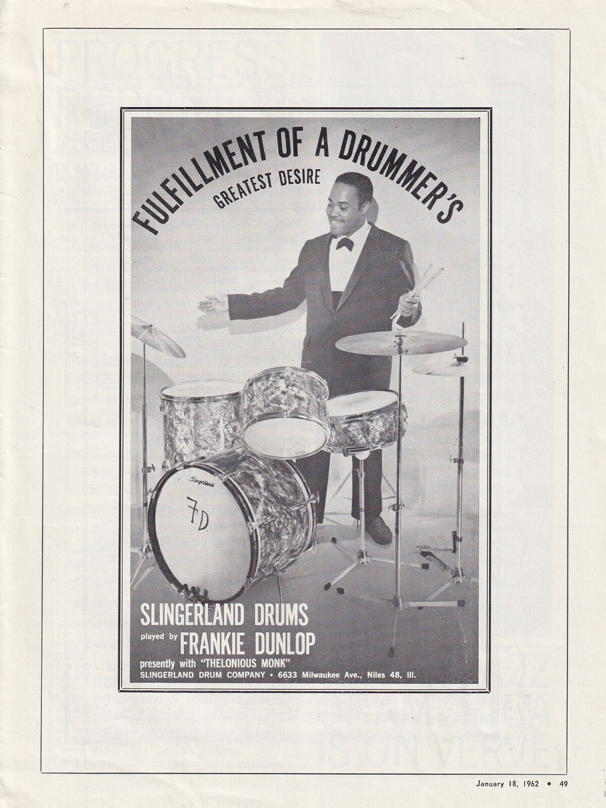 1962 SLINGERLAND DRUMS FRANKIE DUNLOP PAGE AD