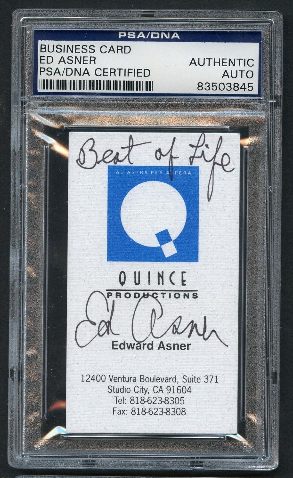 Edward Ed Asner signed autograph Quince Productions Business Card PSA Slabbed