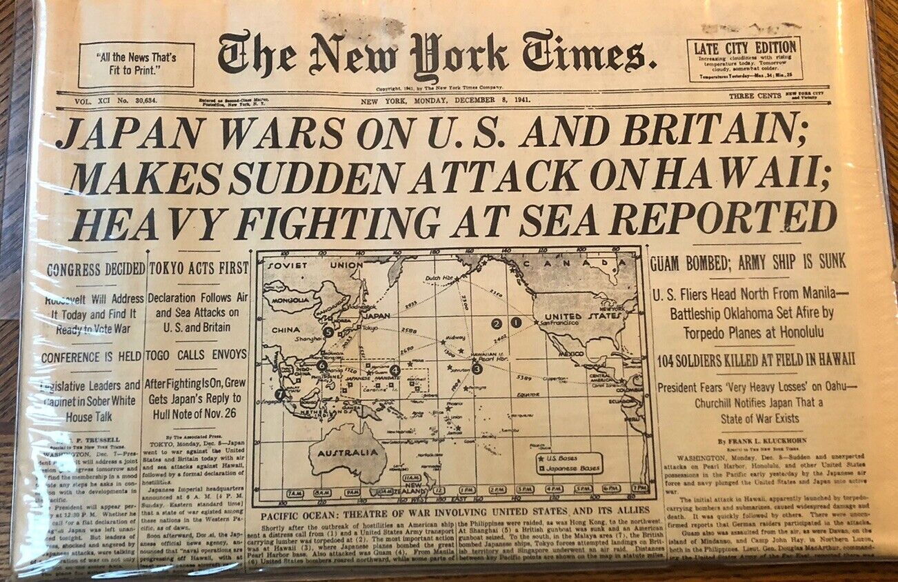 Vtg 1941 New York Times Newspaper December 8 Japan Attacks Hawaii Late Edition