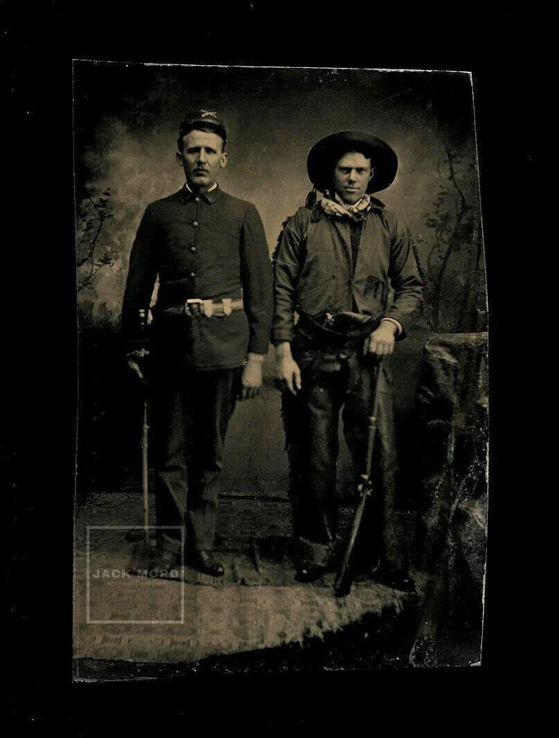Amazing Antique Tintype Armed Cowboy with Soldier Friend RARE