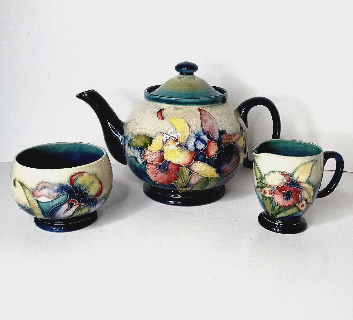 Antique Moorcroft Pottery Rare Tea Set Teapot Cups Orchids England 1920s or 30s