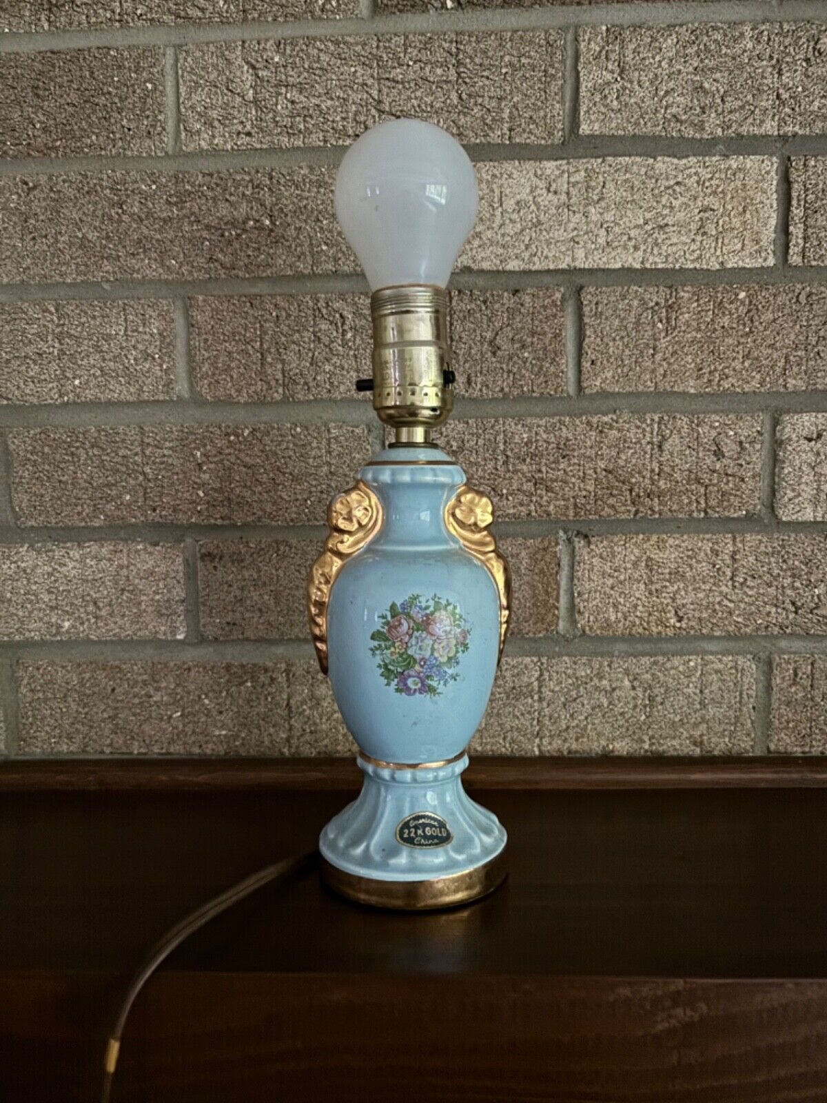 Vintage Porcelain Lamp Base Hand Painted Blue.  Oval Scene re-wired